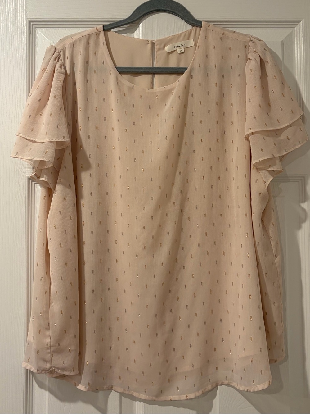 fun 2 fun "Rayleigh" Cream Colored Metallic Dot Flutter Sleeve Blouse